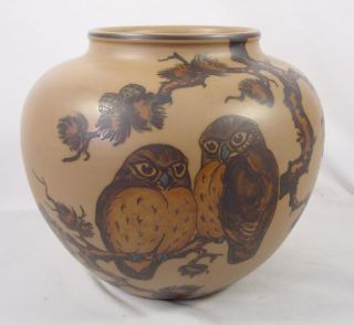 Interesting Large Danish Hjorth Hand Painted Art Pottery Owls Vase