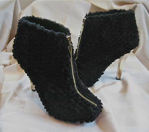 CHRISTIAN SIRIANO GOLD Fuzzy Ankle BOOT Black Faux Fur STILETTO 