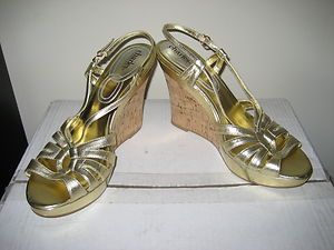 Womens Heels Gold Wedges Charles David strappy sandals cork heel sz 10