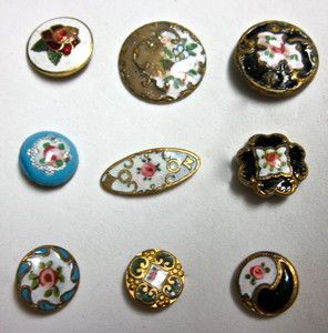 Lot 9 Antique Vintage Diminutive and Small Enameled Rose Theme Buttons 