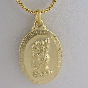 Oval 14kt Gold EP St Christopher Medal Pendant w Chain