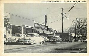 North Chelmsford MA Vinal Square Old Cars Frost Drugs Vintage Postcard 