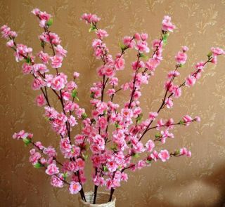   Pink Cherry Plum Spring Peach Blossom Spray Branch Silk Flower