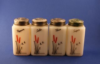 Complete Vintage Tipp City Glass Cattails Range Shaker Set s P Flour