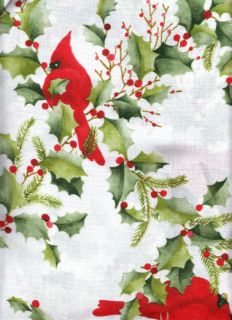 Christmas Red Cardinal Holly White Green Textured Polyester Fabric