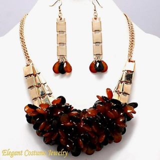 Chunky Brown Multi & Gold Cluster Bead Necklace Set Elegant Costume