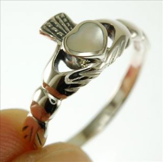 Celtic Claddagh Ring w Mother of Pearl 7.5 US, 925 Solid Sterling