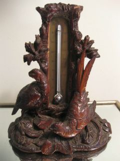 Black Forest Style Pheasant Thermometer Carved Wood Tree Leaves 2