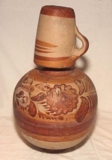 Vintage Mexican Red Clay Pottery Water Wine Jug w Cup Vase 14 Large