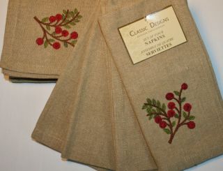 Cloth Dinner Napkin Set 4 Pc 100 Cotton Natural Red Berries