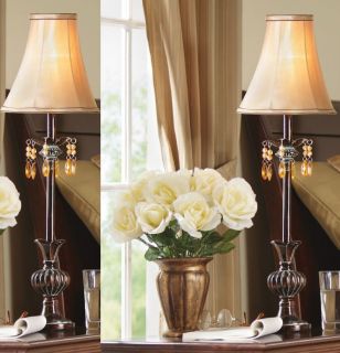 Set of 2 Tall Vintage Dangling Beaded Accent Table Lamps Brown and