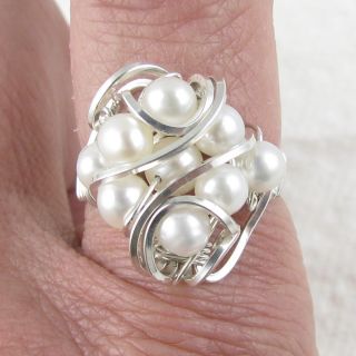 White Freshwater Pearl Cluster Sterling Silver Ring