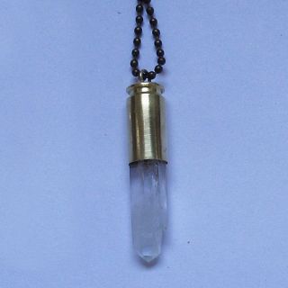 Natural Cleary Quartz Crystal Point Bullet Necklace Bronze Tone Color