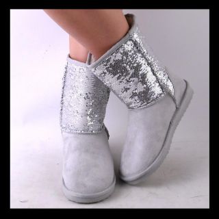 NEW WOMENS SILVER SEQUIN GRAY SHORT SHAFT WINTER BOOTS SIZE 7.5