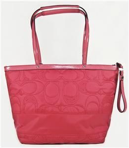 Coach Stripe Stitched Nylon Pink Leather Trim Shoulder Tote Bag F17668