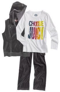 Juicy Couture Hooded Velour Vest, Screenprint Tee & Velour Cargo Pants (Big Girls)
