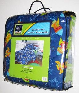 New Twin Size Rocket SHIP Comforter Boys Bed Blue Outer Space w Sham