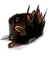 Faux Brown Leather Crystal Multi Feather Wide Cuff Bracelet Brown