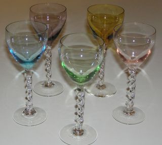 Antique Colored Cordial Wine Glasses Twisted Stem