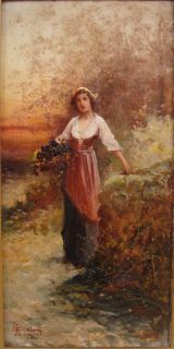 Antique Victorian M Colvin O C Woman in Sunset Landscape Painting