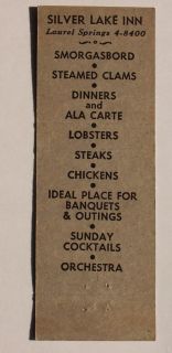 1950s Matchbook Silver Lake Inn Lobster Clementon NJ MB