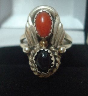 Signed Clyde Davis Sterling Silver Coral Onyx Ring