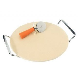 Rachael Ray Round Pizza Stone with Handles Cutter & Rack —