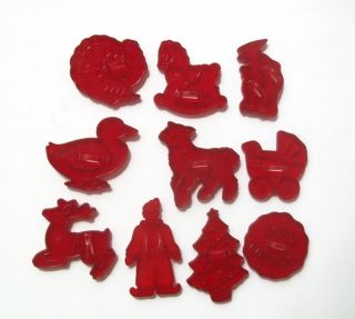 10 Vintage HRM Red Plastic Cookie Cutters Christmas Clown Witch Happy