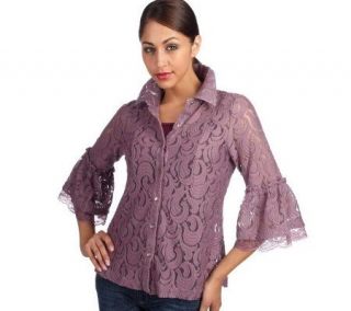George Simonton Button Front Lace Blouse w/ Bell Sleeves —