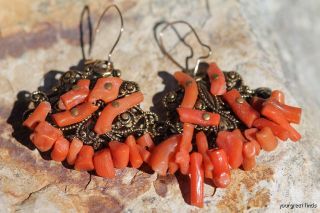 Vintage Gold Tone Filled Nature Mediterranean Red Branch Coral Pierced