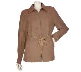 Susan Graver Faux Suede Crinkled Finish Jacket w/Zipper and Tie Front 