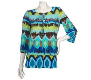 Susan Graver Liquid Knit Aztec Print Split Neck Tunic   A199599