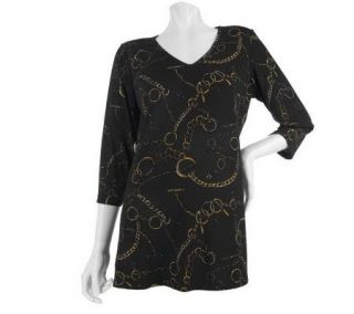 Susan Graver Liquid Knit Printed V neck Top with 3/4 Sleeves