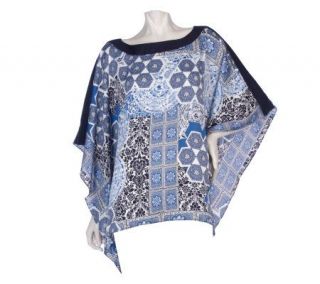 Susan Graver Printed Charmeuse Scarf Top with Border Trim —