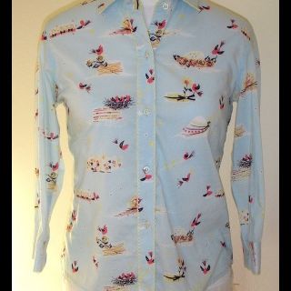 Anthropologie Odille blue Sparrow Bird Print Shirt Blouse Top Button