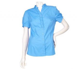 Denim & Co. Short Sleeve Woven Shirt with Ruffle Detail —