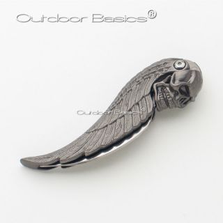 Open Collectible Gothic Skull Steel Feather Folding Knife Letter