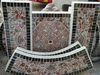 Concrete Patio Garden Table Oval Tile with 4 Benches and Pedestal