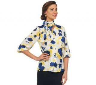 Joan Rivers Floral Tie Neck Blouse with 3/4 Sleeve —