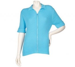 Quacker Factory Rhinestones Short Sleeve Zip Front Cardigan — 