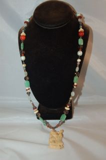  Jade Glass Green Red Black Bead Faux Ivory Confucius Pendant