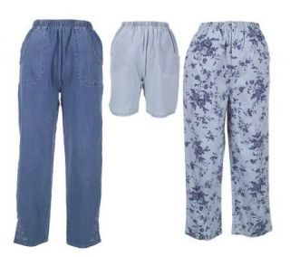 Denim & Co. Original Waist 3 piece Stretch Pants, Shorts & Crop Pants 
