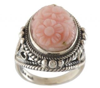 Artisan Crafted Sterling Carved Pink Opal Ring —