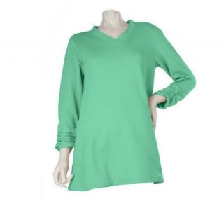 Susan Graver Fleece V neck Tunic with Ruched Sleeves & Side Pockets 