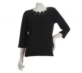 Liz Claiborne New York 3/4 Sleeve Knit Top with Lace Detail   A203342