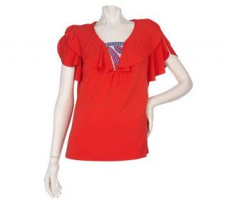 Bob Mackies Stretch Knit Embroidered Inset Cascade Top —