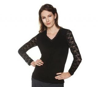 Susan Graver Liquid Knit V neck Top with Lace Sleeves —