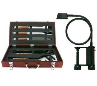 Mr. Bar B Q 5 Piece Tool Set w/Wood Case & FlexGrill Light —