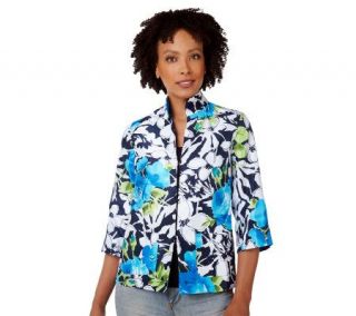 Susan Graver Shantung Floral Print Jacket with Mandarin Collar