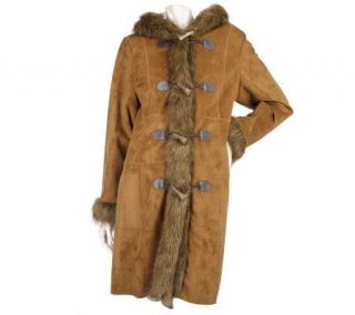 Dennis Basso Faux Shearling Toggle Coat w/Faux Fur Trim and Hood